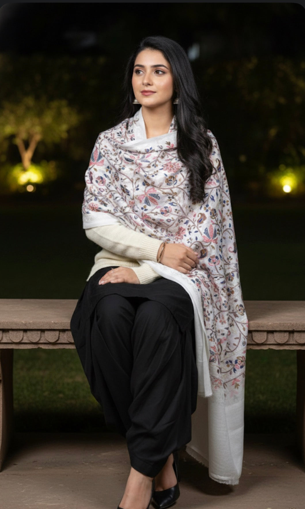 Craftique Premium Soft Wool Kalamkaari Stole | Pink Blue Flower Pattern | White Base