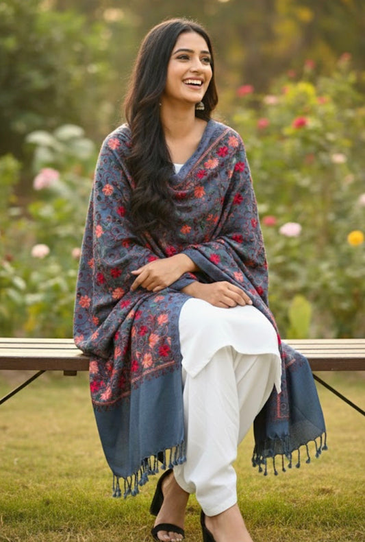 Grey Floral Embroidered | Kashmiri Aari Embroidered Ladies Stole