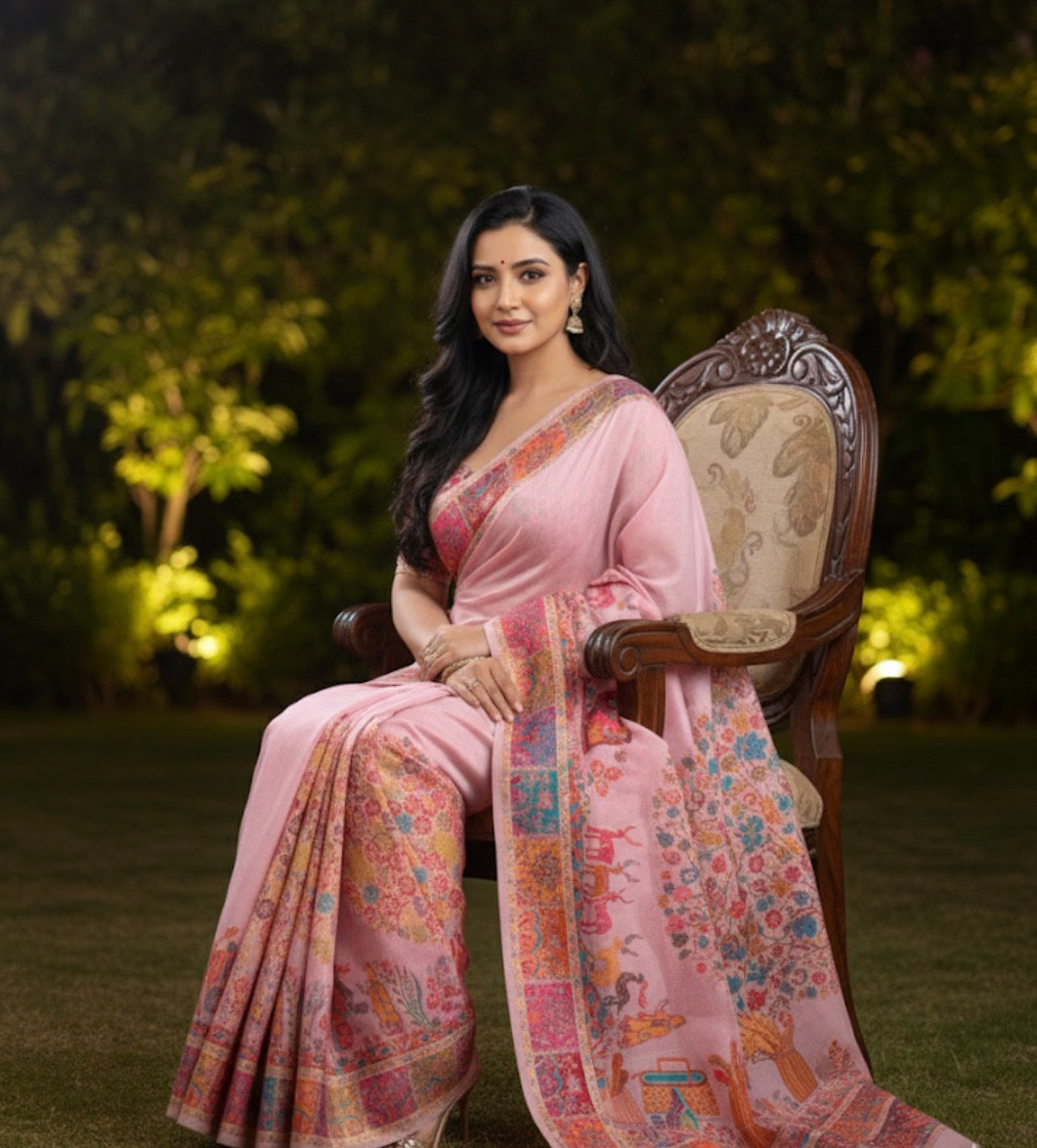 Craftique Kashmir Designer Saree and Blouse Set | Premium Cotton Self Woven | Kalamkaari Pink Coloured