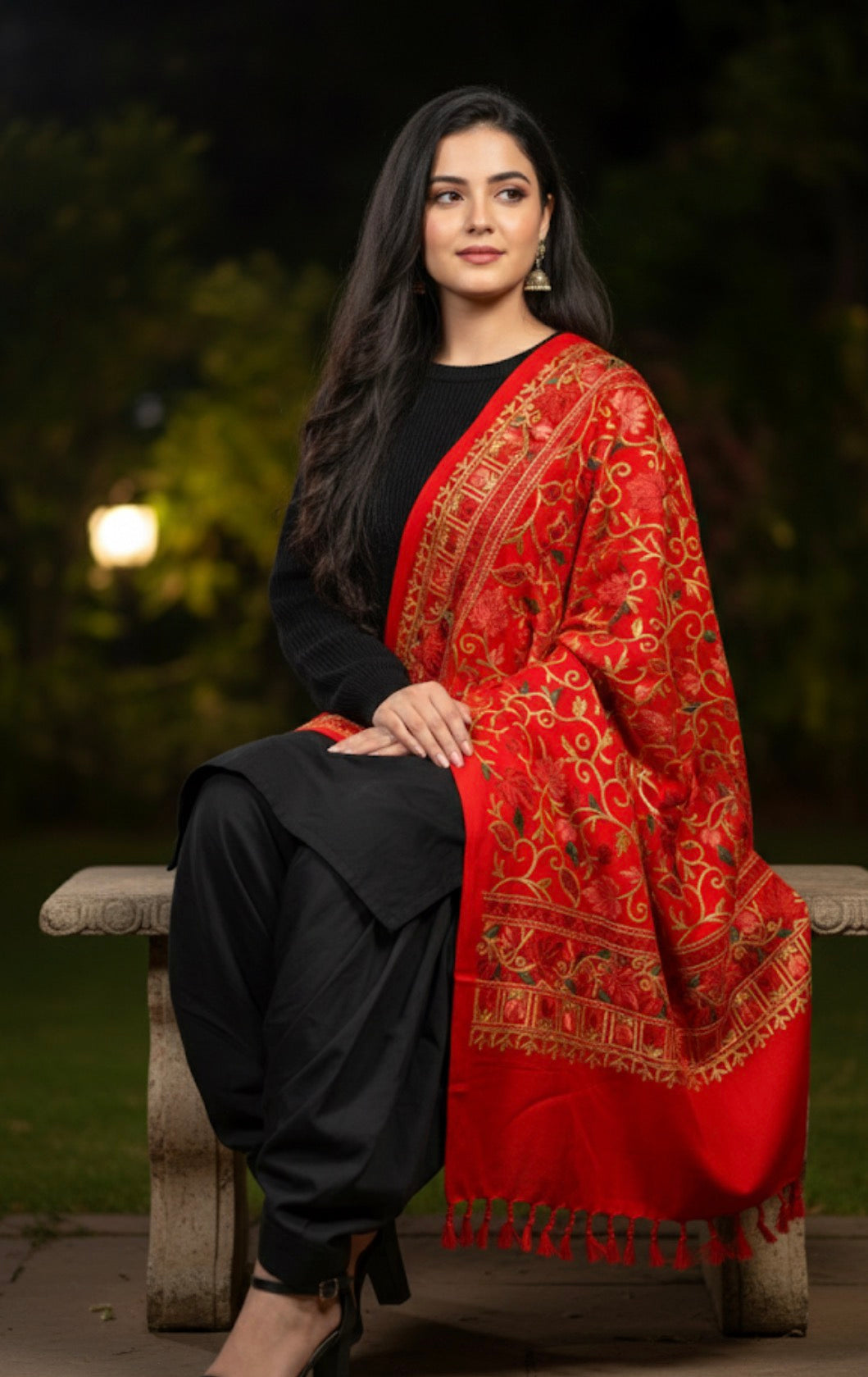 Kashmiri Embroidered Shawl | Royal Red | Aari Embroidered