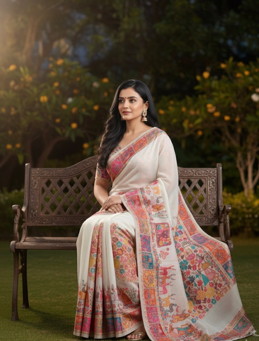 Craftique Kashmir Designer Saree and Blouse Set | Premium Cotton Self Woven | Kalamkaari Premium White Coloured
