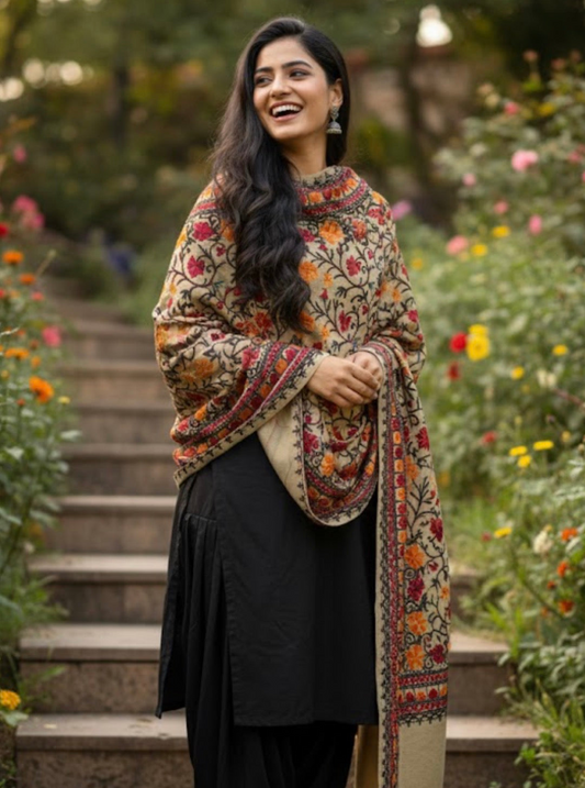 Brown Multi Embroidered Kashmiri Stole | Aari Embroidered
