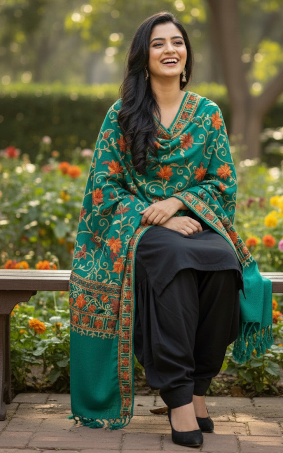 Parrot Green Multi Embroidered Kashmiri Stole | Aari Embroidered Ladies Stole