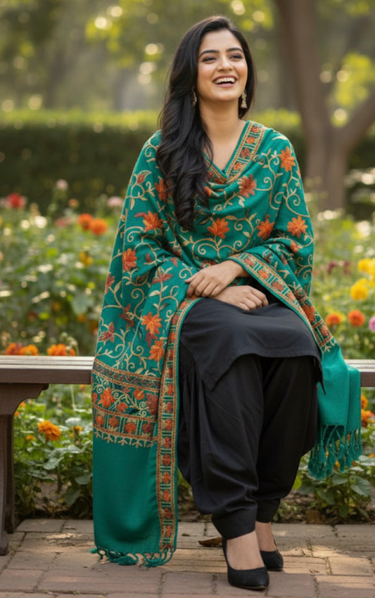 Parrot Green Multi Embroidered Kashmiri Stole | Aari Embroidered Ladies Stole