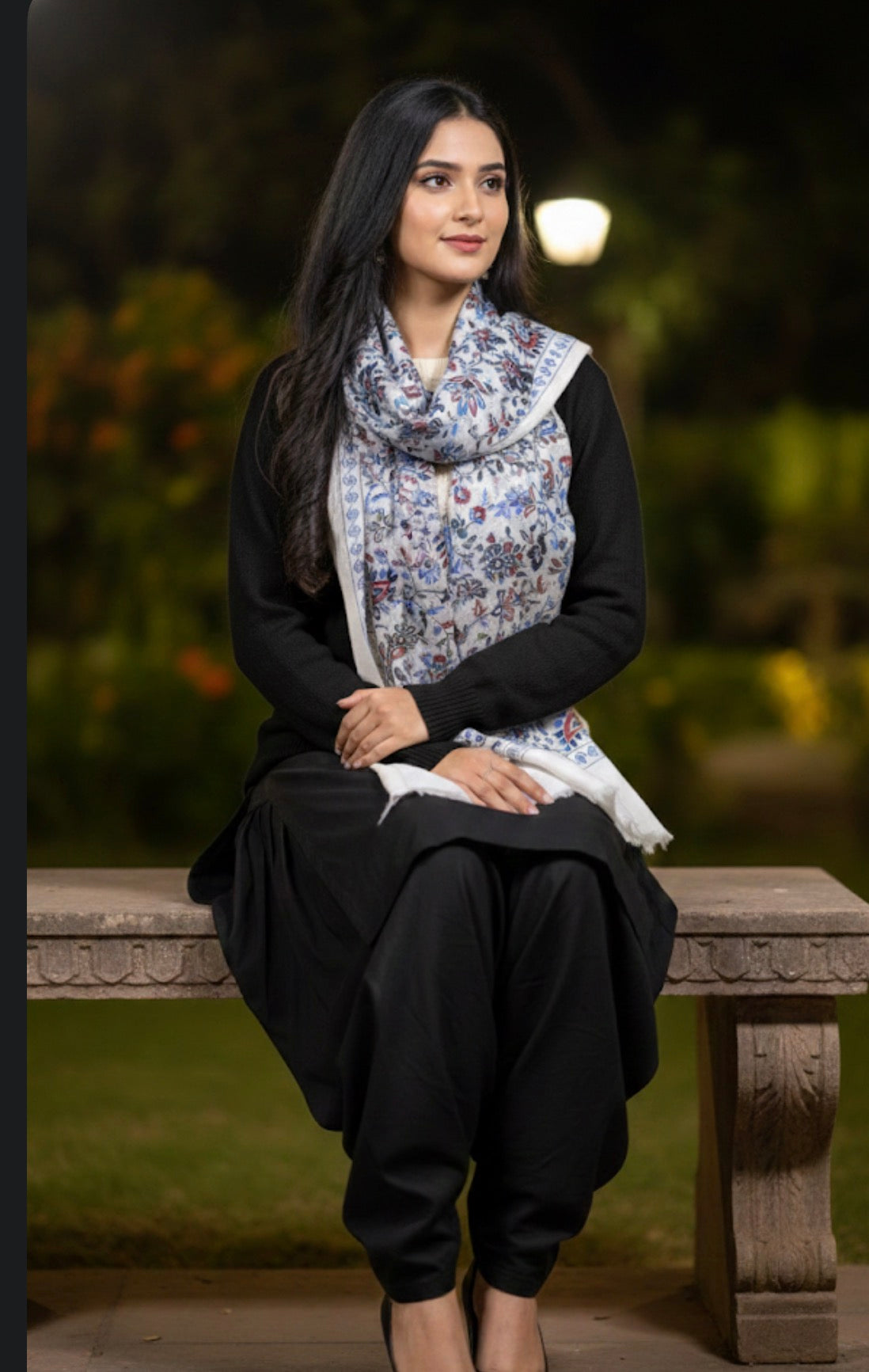 Craftique Premium Soft Wool Kalamkaari Stole | Marron Grey Motifs Pattern | White Base