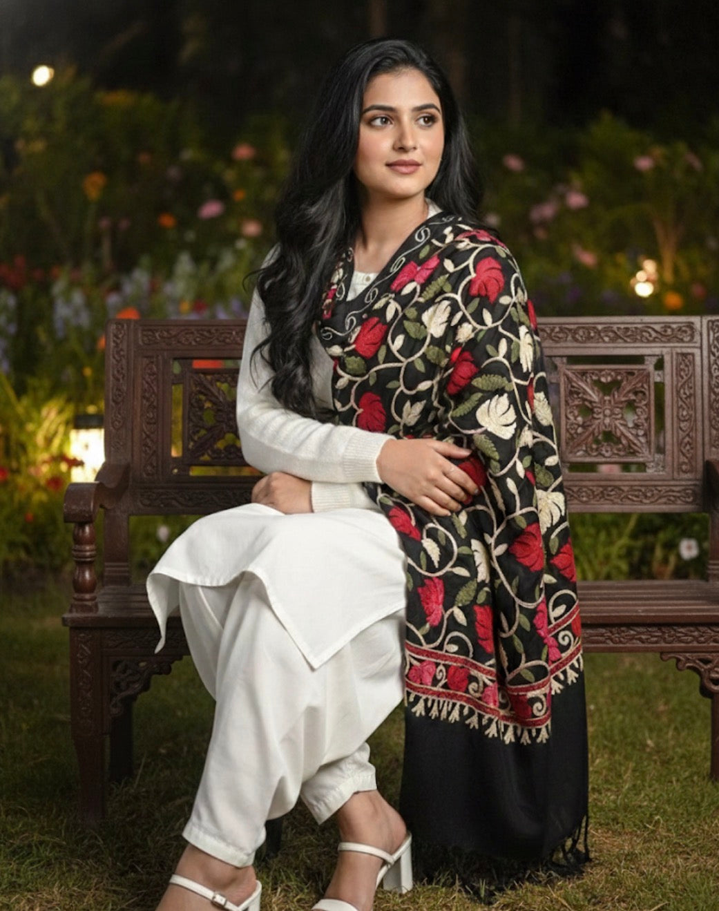 Black Multicolored Chinar Embroidered Ladies Shawl | Kashmiri Aari Embroidered