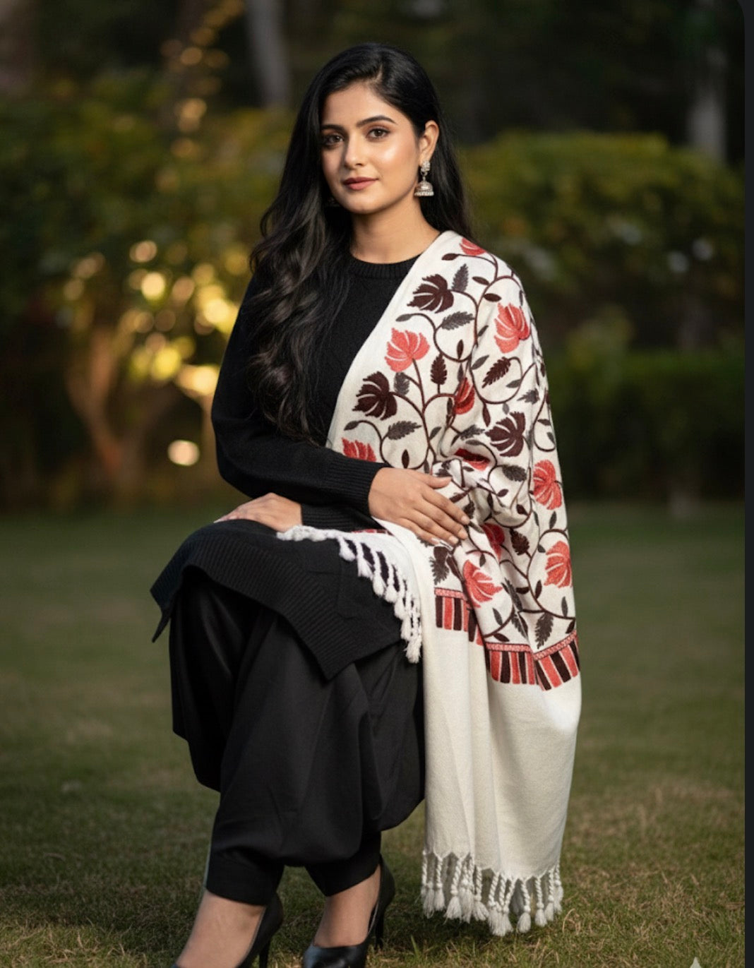 White Multicolored Chinar Embroidered Ladies Shawl | Kashmiri Aari Embroidered