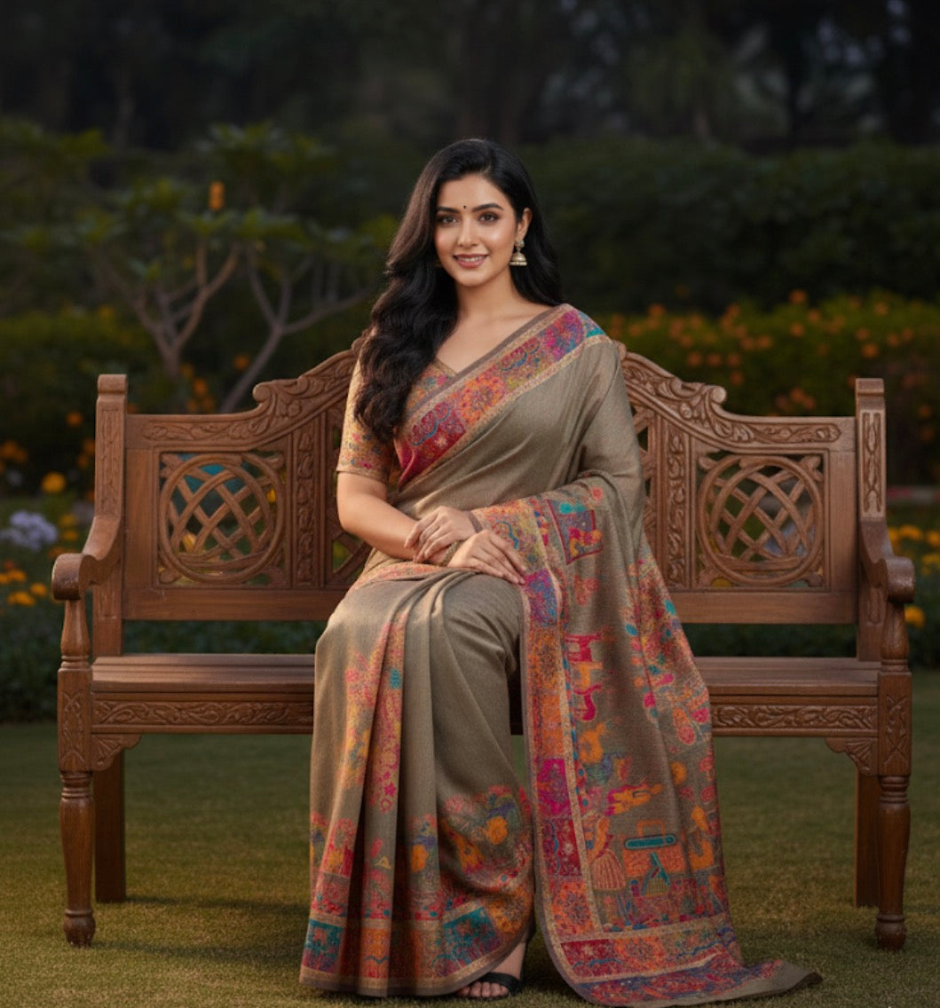 Craftique Kashmir Designer Saree and Blouse Set | Premium Cotton Self Woven | Kalamkaari Grey Coloured