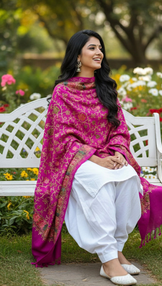 Craftique Embroidered Kashmiri Stole | Royal Pink | Aari Embroidered