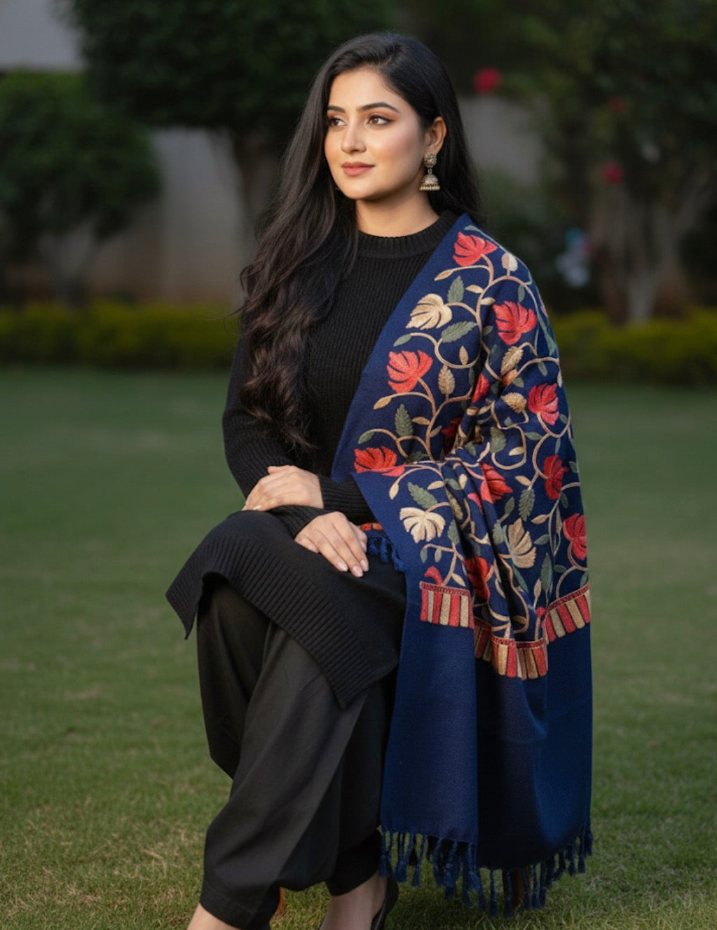 Navy Blue Multicolored Chinar Embroidered Ladies Shawl | Kashmiri Aari Embroidered