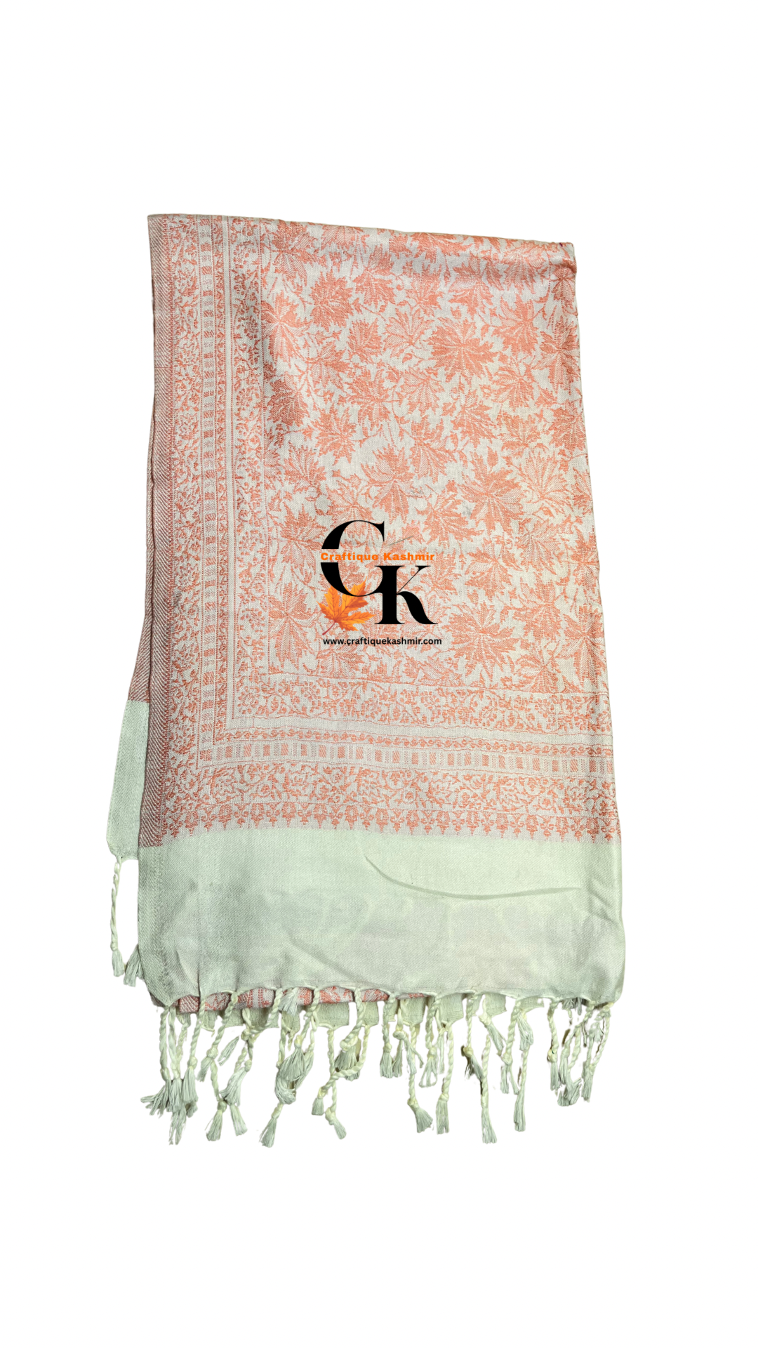 Soft Wool Stole | White Base Light Orange Colored | Chinar Leaf Pattern