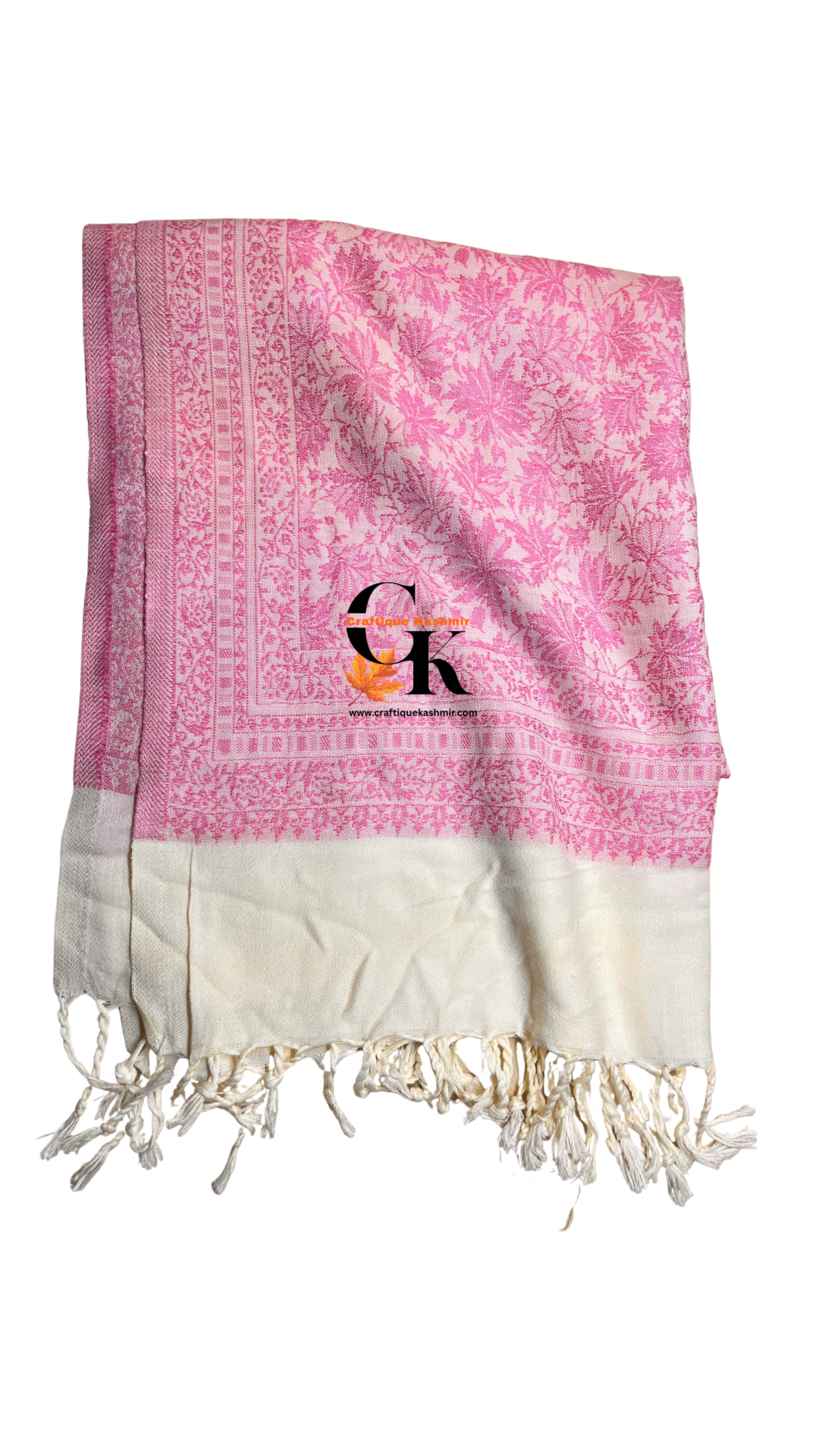 Soft Wool Stole | White Base Light Pink Colored | Chinar Leaf Pattern