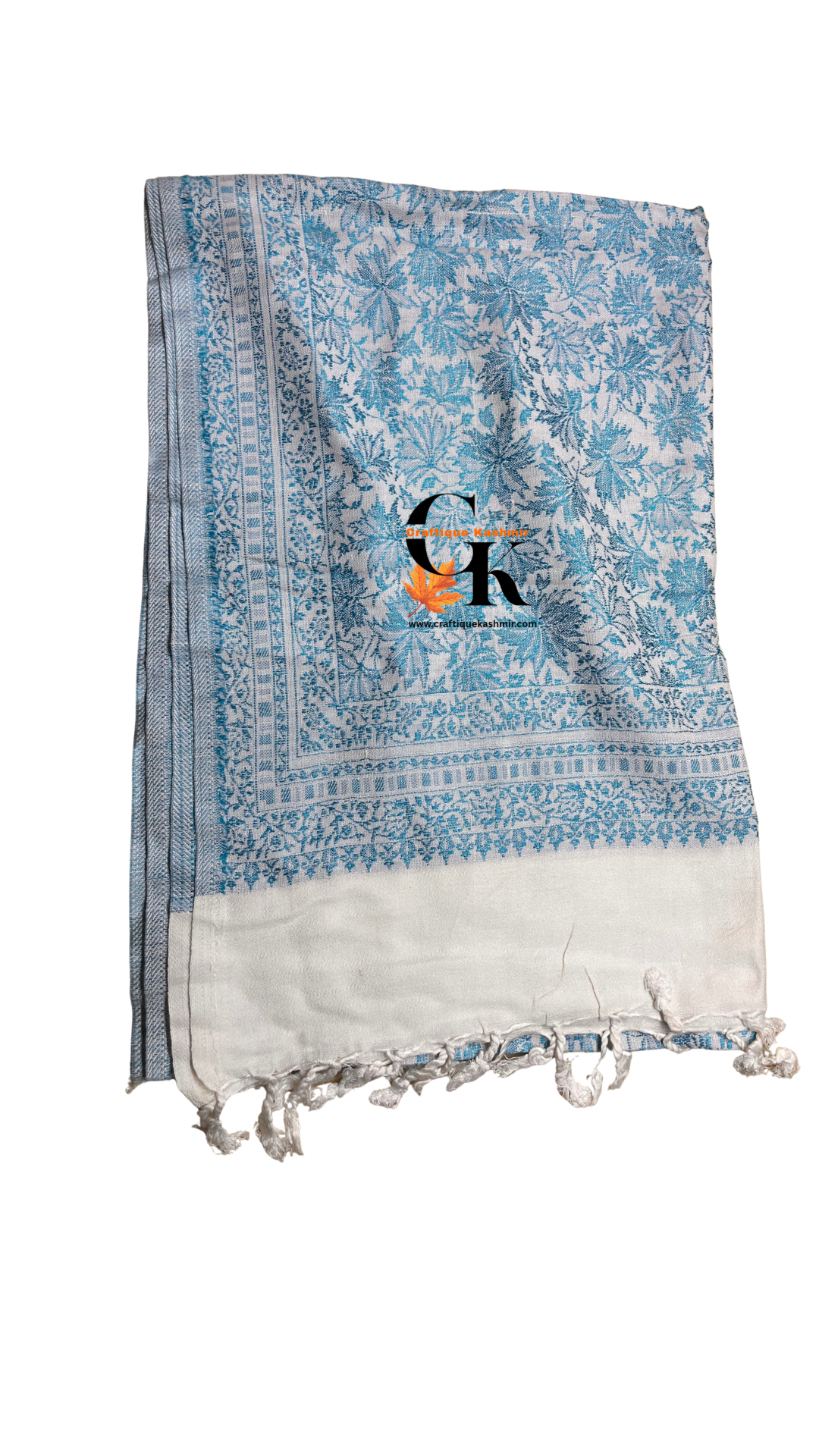 Soft Wool Stole | White Base Blue Colored | Chinar Leaf Pattern