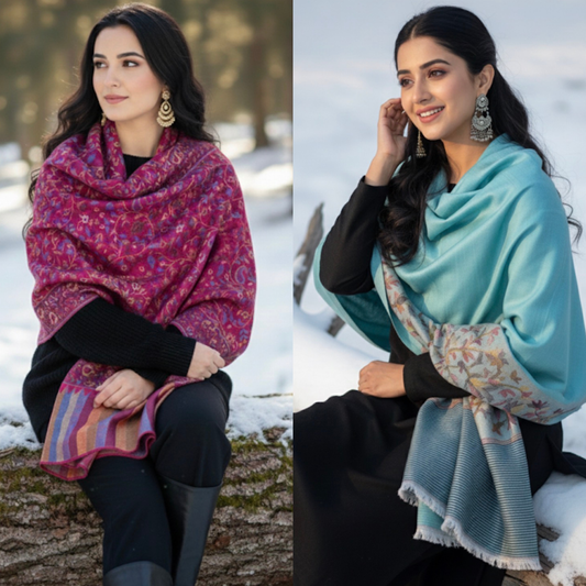 Craftique Kashmir - Combo Offer _ Red Shawl & Teal Blue Stole _ Kani Embroidered