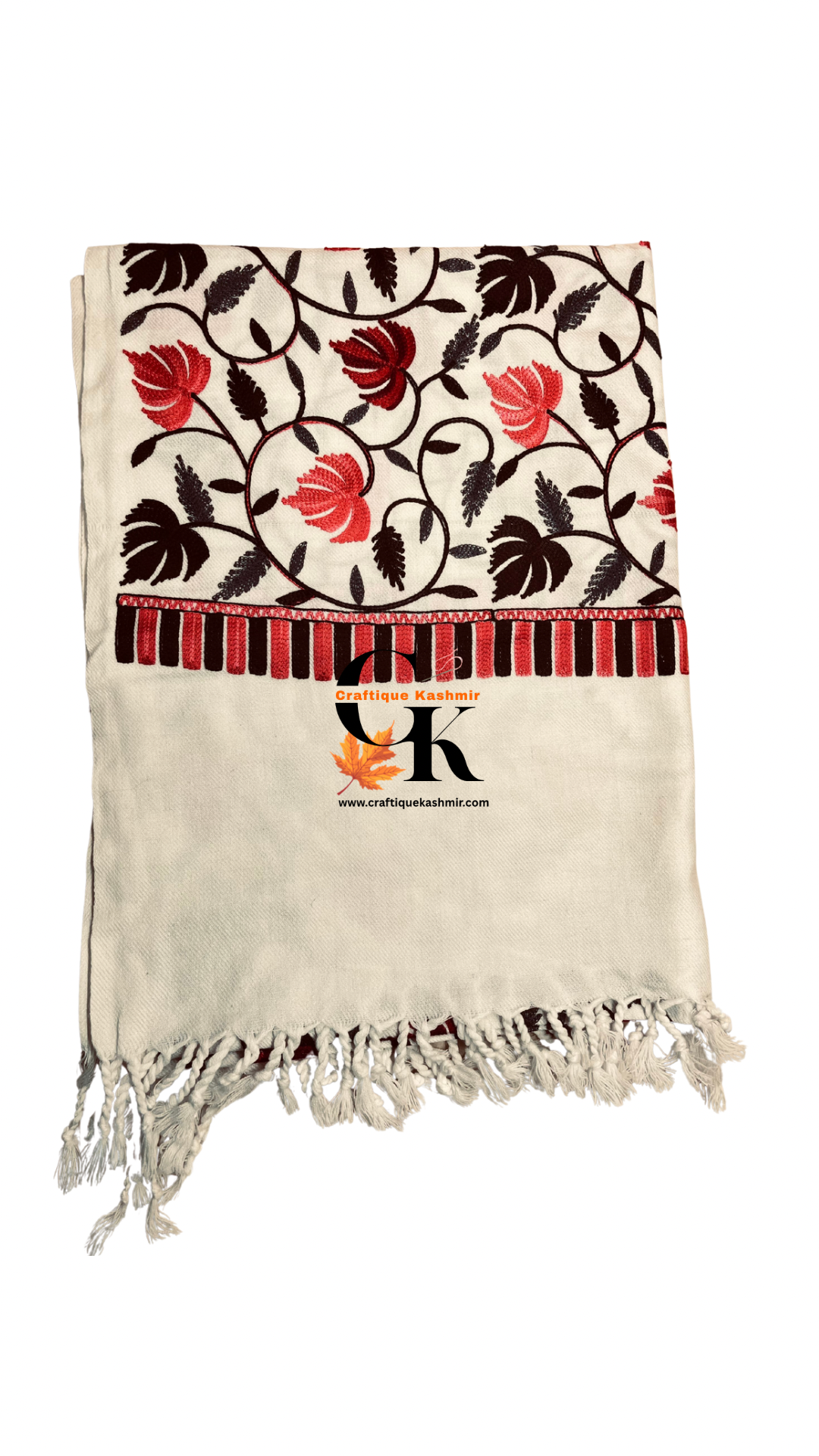 White Multicolored Chinar Embroidered Ladies Shawl | Kashmiri Aari Embroidered