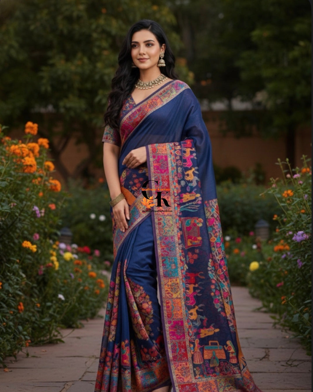 Craftique Kashmir Designer Saree and Blouse Set | Premium Cotton Self Woven | Kalamkaari Royal Blue Coloured