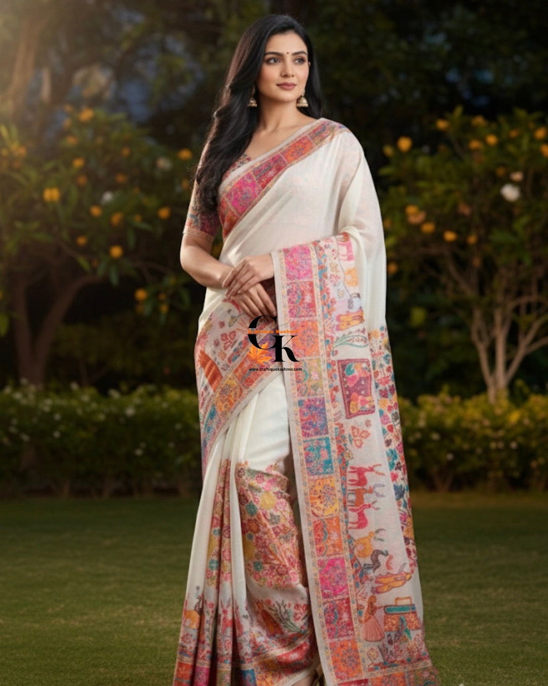 Craftique Kashmir Designer Saree and Blouse Set | Premium Cotton Self Woven | Kalamkaari Premium White Coloured