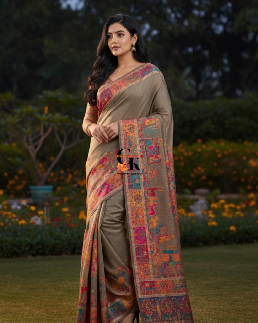 Craftique Kashmir Designer Saree and Blouse Set | Premium Cotton Self Woven | Kalamkaari Grey Coloured