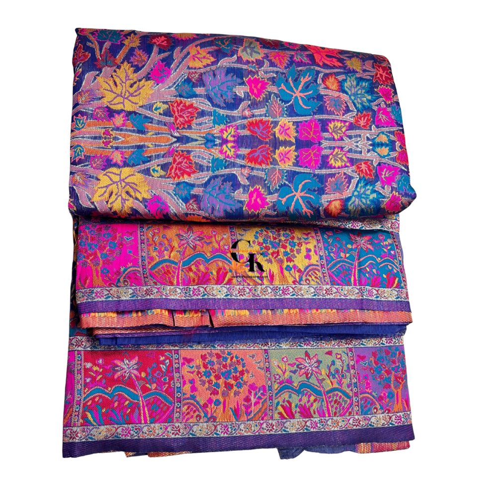 Craftique Kashmir Designer Saree and Blouse Set | Premium Cotton Self Woven | Kalamkaari Royal Blue Coloured