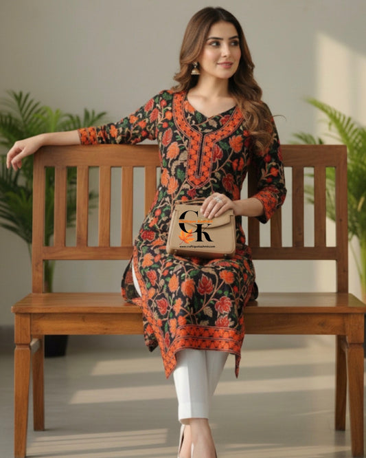 Craftique Kashmir Semi Stitched Black Colorful Motifs Embroidered Long Kurti | Kashmiri Georgette Kurti