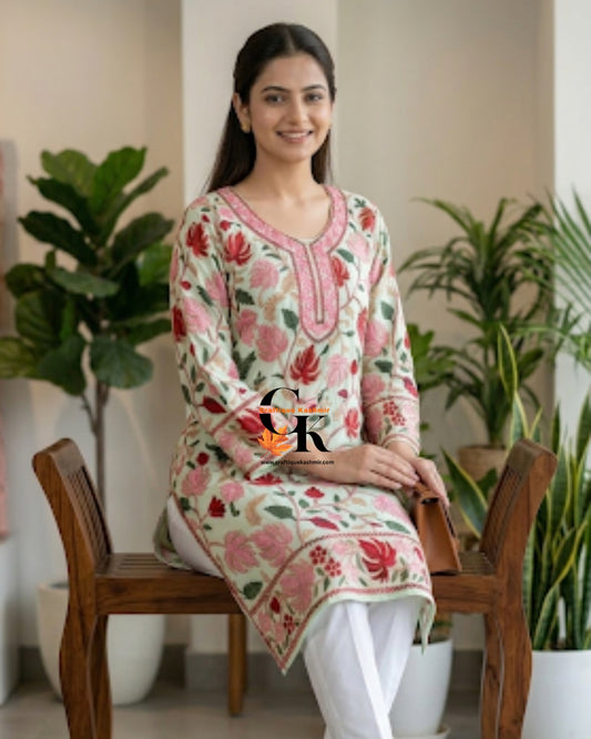 Craftique Kashmir Semi Stitched Light Green Colorful Motifs Embroidered Long Kurti | Kashmiri Georgette Ladies Kurti