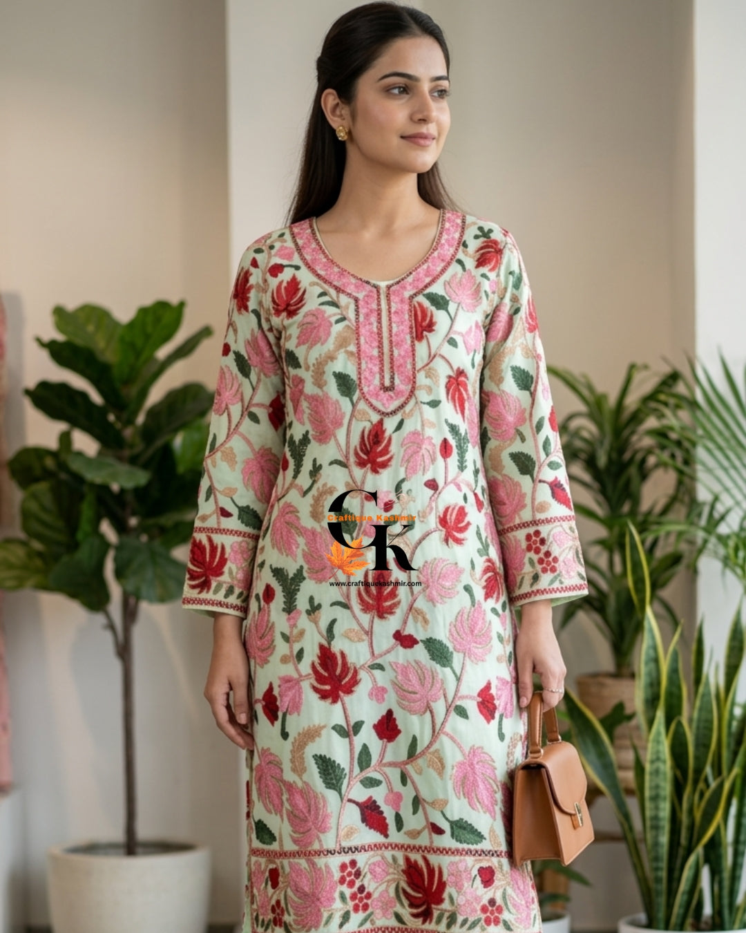 Craftique Kashmir Semi Stitched Light Green Colorful Motifs Embroidered Long Kurti | Kashmiri Georgette Ladies Kurti