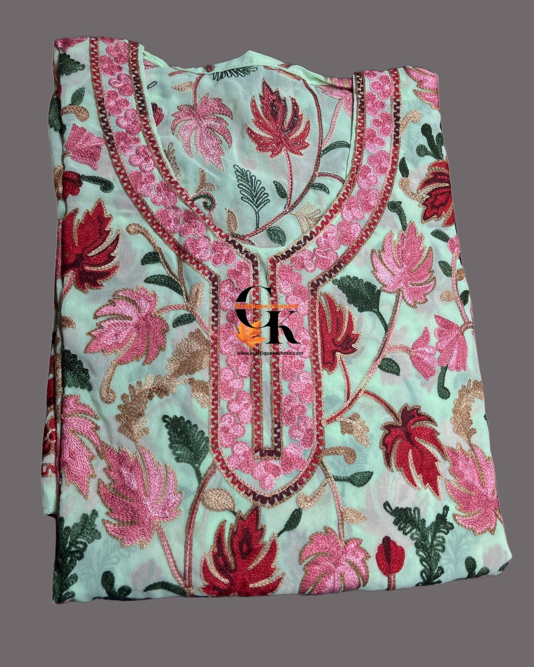 Craftique Kashmir Semi Stitched Light Green Colorful Motifs Embroidered Long Kurti | Kashmiri Georgette Ladies Kurti