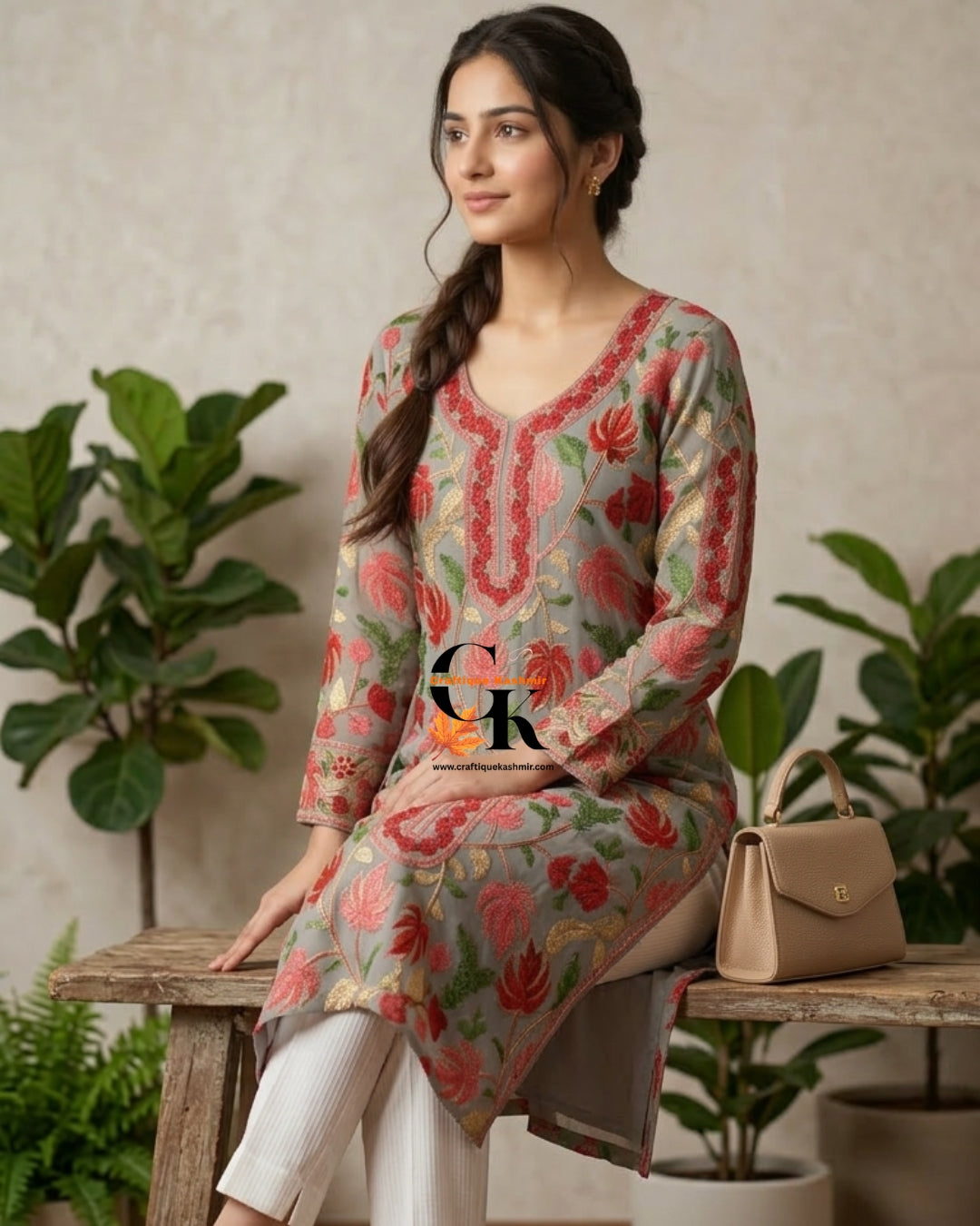 Craftique Kashmir Semi Stitched Grey Colorful Motifs Embroidered Long Kurti | Kashmiri Georgette Ladies Kurti