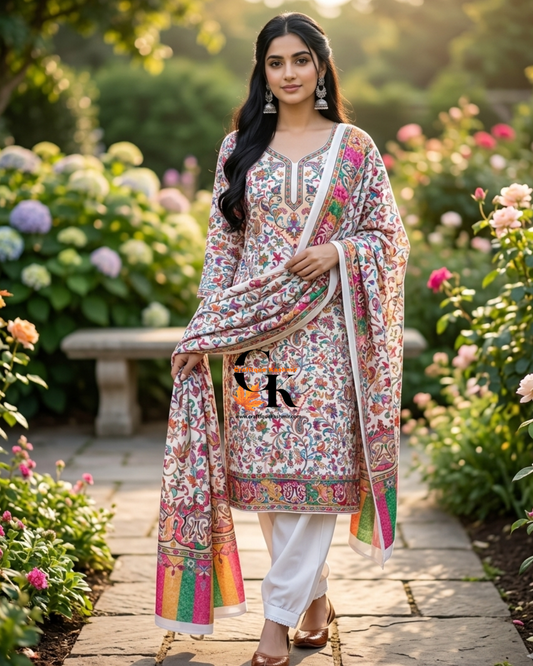 Summer Super Cotton Three Piece Kashmiri Kalamkari Suit | White and Multicolored Printed Motifs | Un-Stitched Suit, Salwar and Dupatta