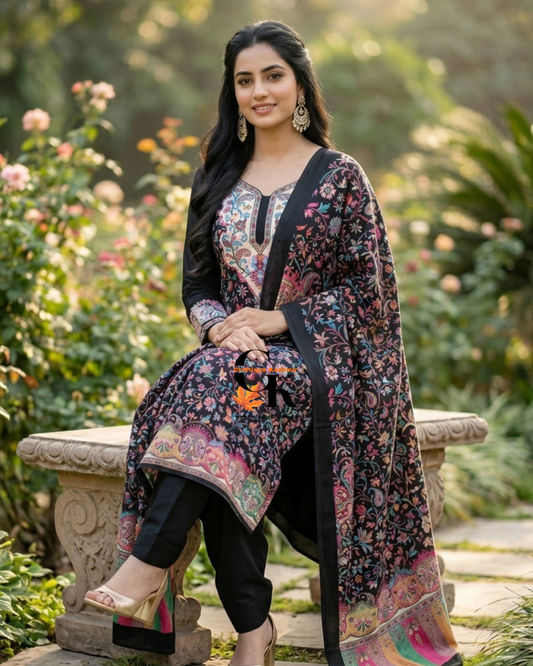 Summer Super Cotton Three Piece Kashmiri Kalamkari Suit | Black and Multicolored Printed Motifs | Un-Stitched Suit, Salwar and Dupatta