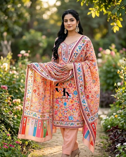 Summer Super Cotton Three Piece Kashmiri Suit | Light Pink and Multicolored Printed Motifs | Un-Stitched Suit, Salwar and Dupatta