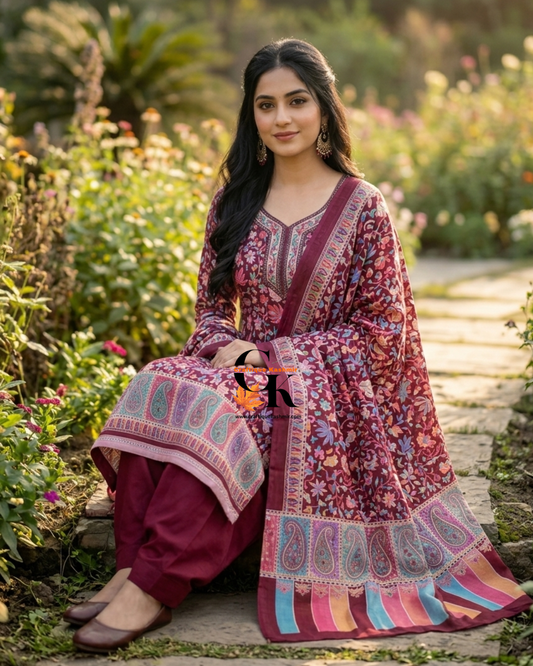 Summer Super Cotton Three Piece Kashmiri Suit | Magenta and Multicolored Printed Motifs | Un-Stitched Suit, Salwar and Dupatta