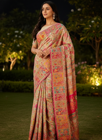 Craftique Kashmir Designer Saree and Blouse Set | Premium Cotton Self Woven | Kalamkaari White Pink Colorful Motifs