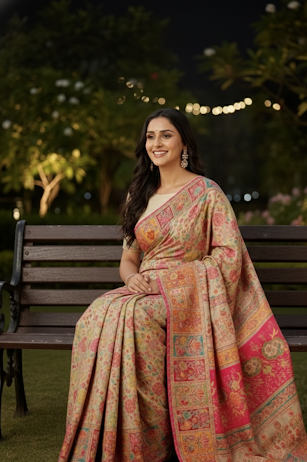 Craftique Kashmir Designer Saree and Blouse Set | Premium Cotton Self Woven | Kalamkaari White Pink Colorful Motifs