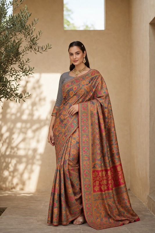 Craftique Kashmir Designer Saree and Blouse Set | Premium Cotton Self Woven | Kalamkaari Grey Colorful Motifs