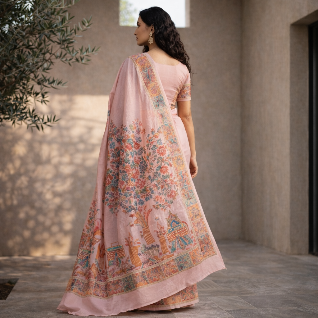 Craftique Kashmir Designer Saree and Blouse Set | Premium Cotton Self Woven | Kalamkaari Pink Coloured