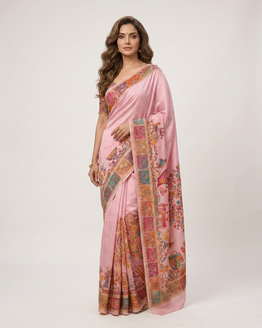 Craftique Kashmir Designer Saree and Blouse Set | Premium Cotton Self Woven | Kalamkaari Pink Coloured