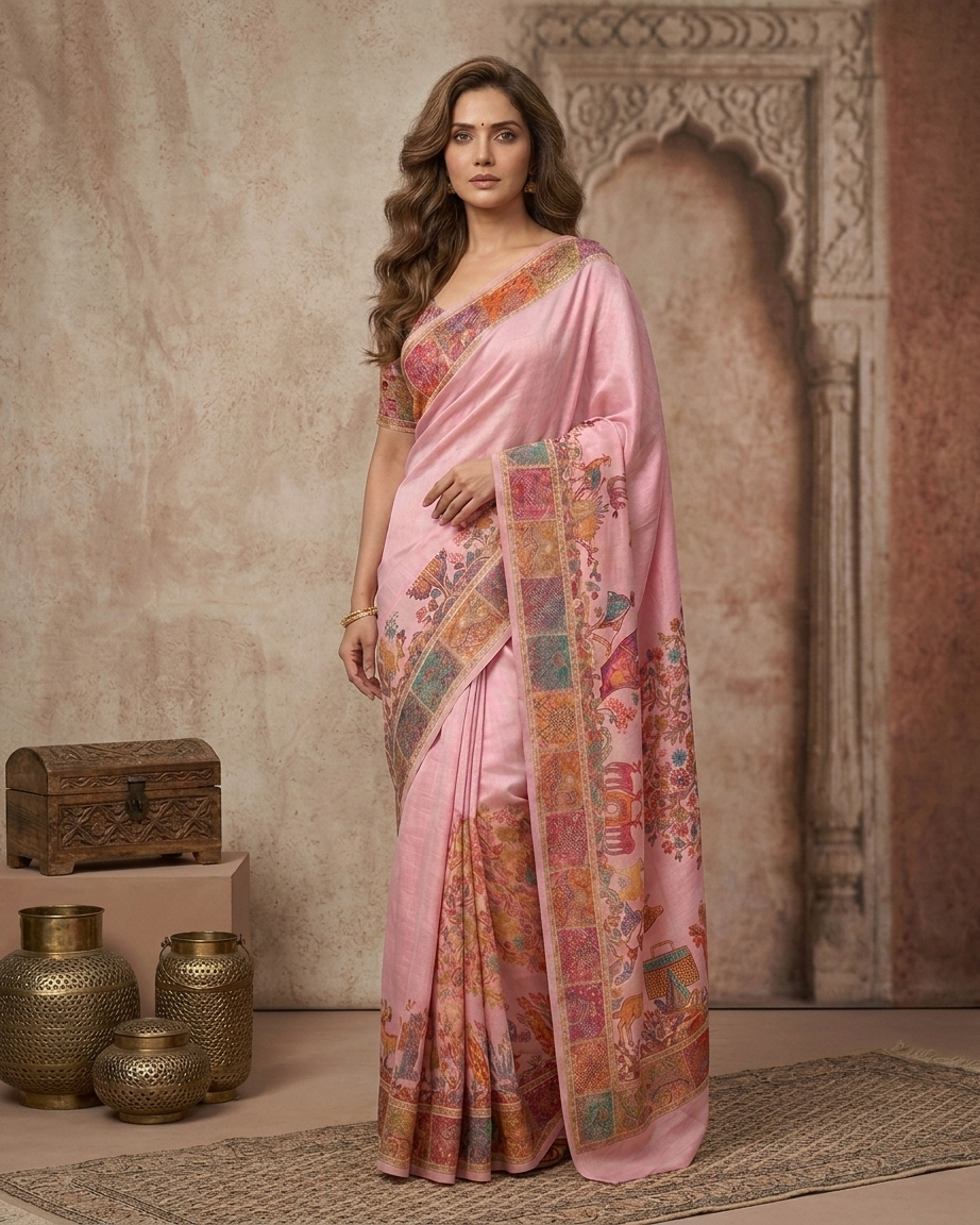 Craftique Kashmir Designer Saree and Blouse Set | Premium Cotton Self Woven | Kalamkaari Pink Coloured
