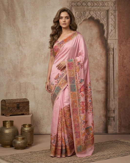 Craftique Kashmir Designer Saree and Blouse Set | Premium Cotton Self Woven | Kalamkaari Pink Coloured