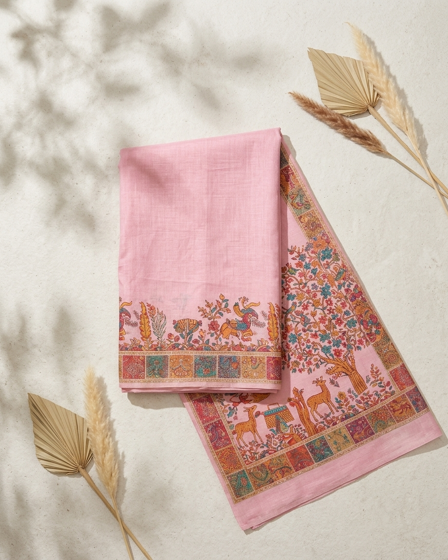 Craftique Kashmir Designer Saree and Blouse Set | Premium Cotton Self Woven | Kalamkaari Pink Coloured