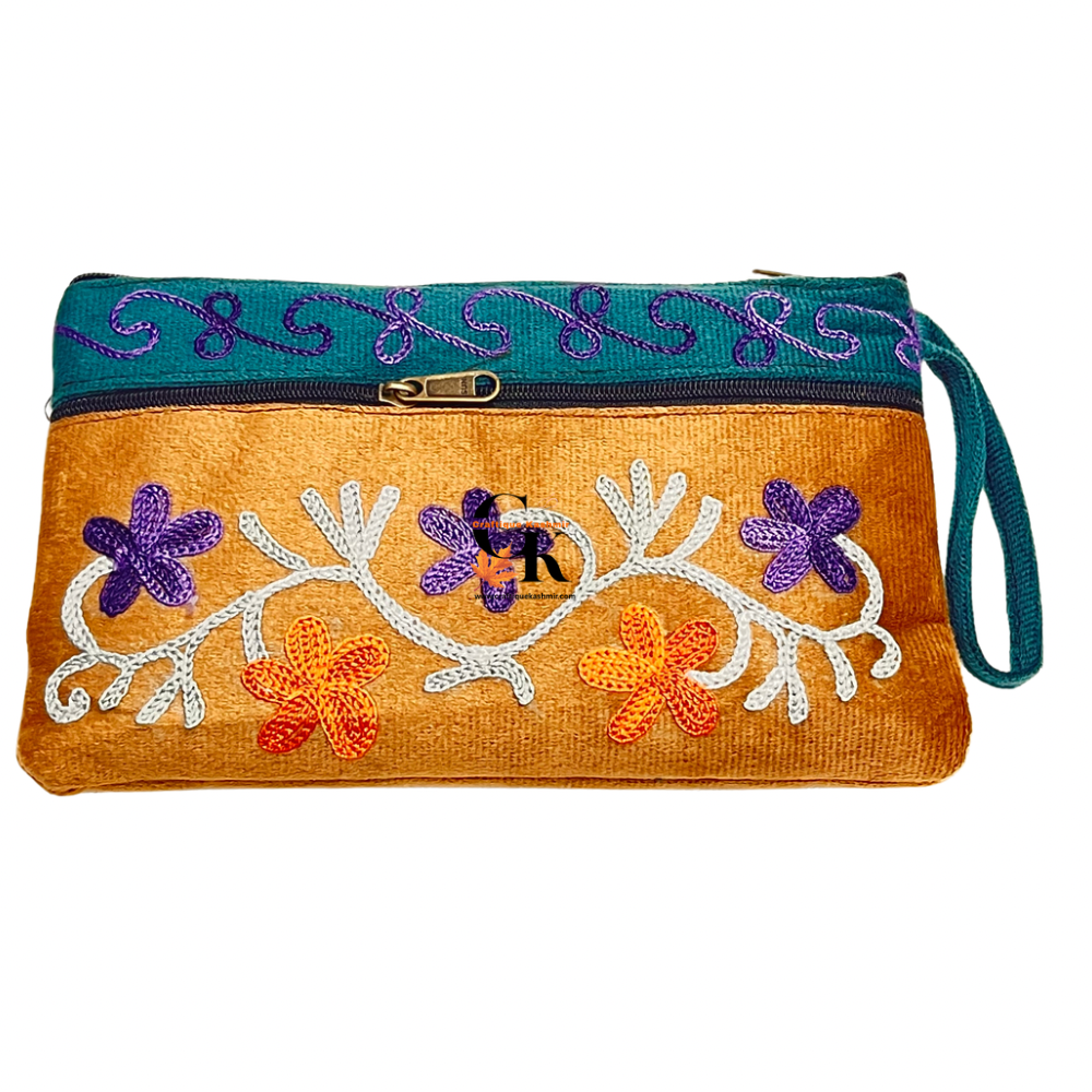Elegant Velvet Kashmiri Embroidered Utility Pouch / Wristlet | Mustard & Teal Shades