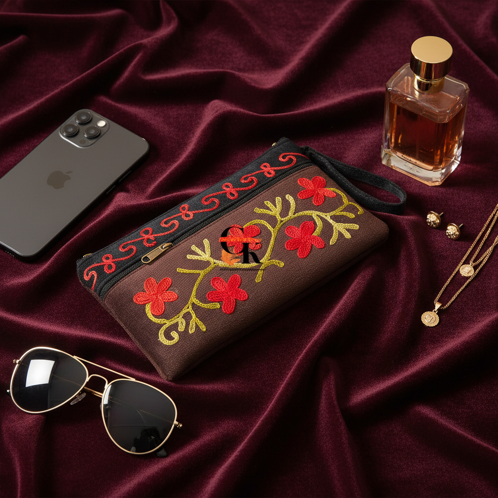 Elegant Velvet Kashmiri Embroidered Utility Pouch / Wristlet | Deep Espresso and Charcoal Shades