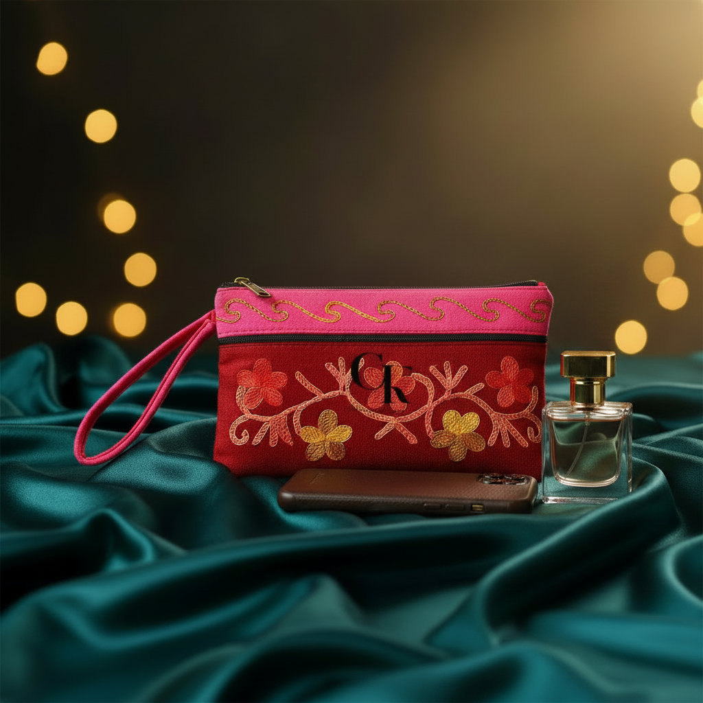 Elegant Velvet Kashmiri Embroidered Utility Pouch / Wristlet | Rose & Crimson Shades
