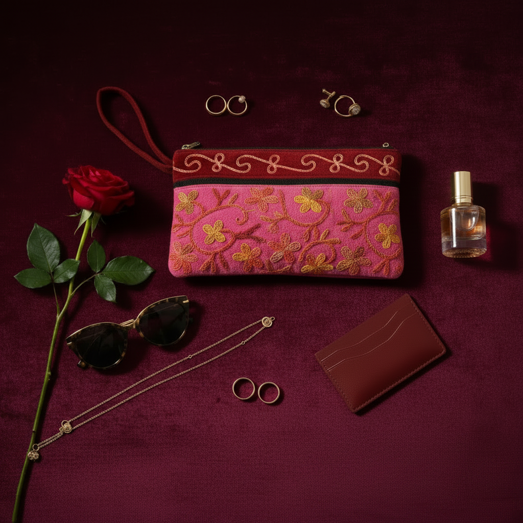 Elegant Velvet Kashmiri Embroidered Utility Pouch / Wristlet | Fuchsia & Wine Shades
