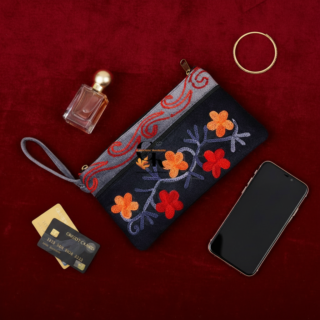 Elegant Velvet Kashmiri Embroidered Utility Pouch / Wristlet | Slate & Navy Shades
