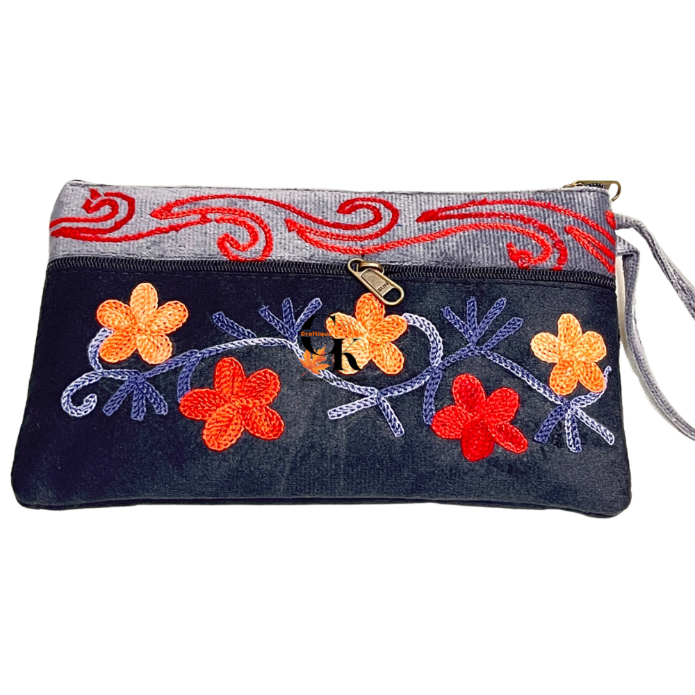 Elegant Velvet Kashmiri Embroidered Utility Pouch / Wristlet | Slate & Navy Shades