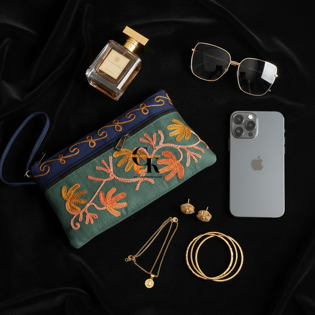 Elegant Velvet Kashmiri Embroidered Utility Pouch / Wristlet | Emerald & Ochre Shades