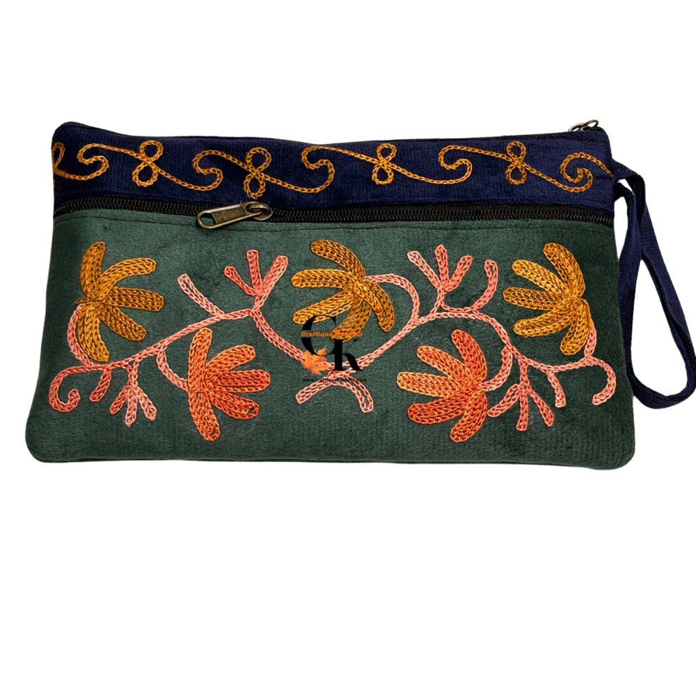 Elegant Velvet Kashmiri Embroidered Utility Pouch / Wristlet | Emerald & Ochre Shades