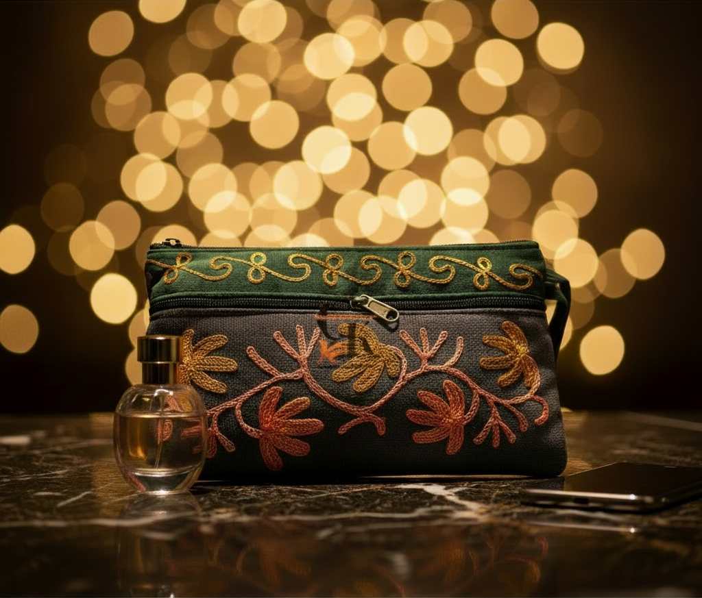 Elegant Velvet Kashmiri Embroidered Utility Pouch / Wristlet | Sage & Charcoal Grey Shades