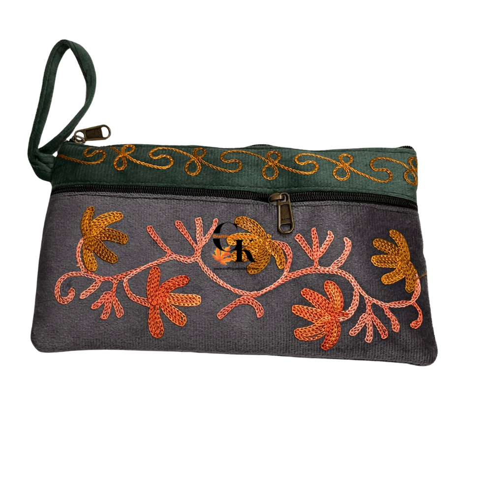 Elegant Velvet Kashmiri Embroidered Utility Pouch / Wristlet | Sage & Charcoal Grey Shades